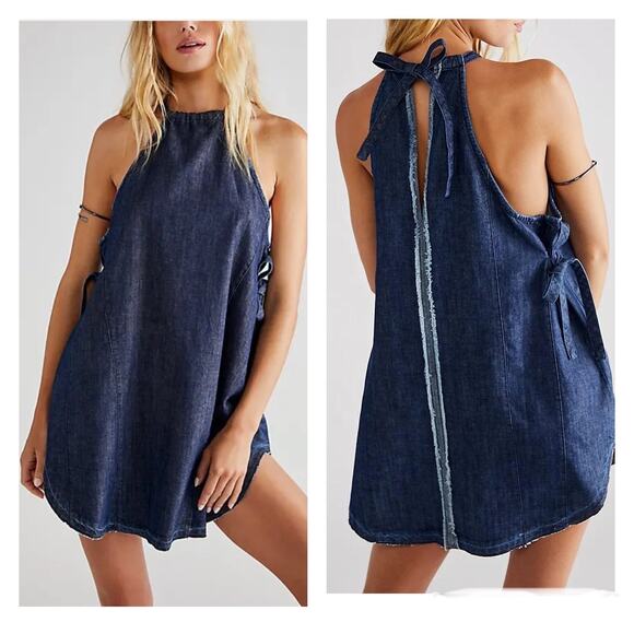 Free People Dresses & Skirts - Free People Isabella Denim Jean Tunic Dress in Dark Wash Dusty Blue Size XS